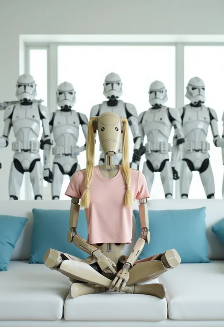 In a modern, brightly lit living room, a Star Wars battle droid sits cross-legged on a pristine white couch, styled with long blonde pigtails and wearing a light pink t-shirt. Its hands are hidden in its lap, adding a whimsical charm to its mechanical form.
Behind the couch, five Republic clone troopers stand in a semi-circle, fully armored with helmets on. Their white armor contrasts sharply with the playful droid, their stance disciplined but non-threatening. The clean, modern room features white furniture, light blue pillows, and sunlight streaming through large windows, blending the droid’s humor with the troopers’ imposing presence for a surreal and striking scene