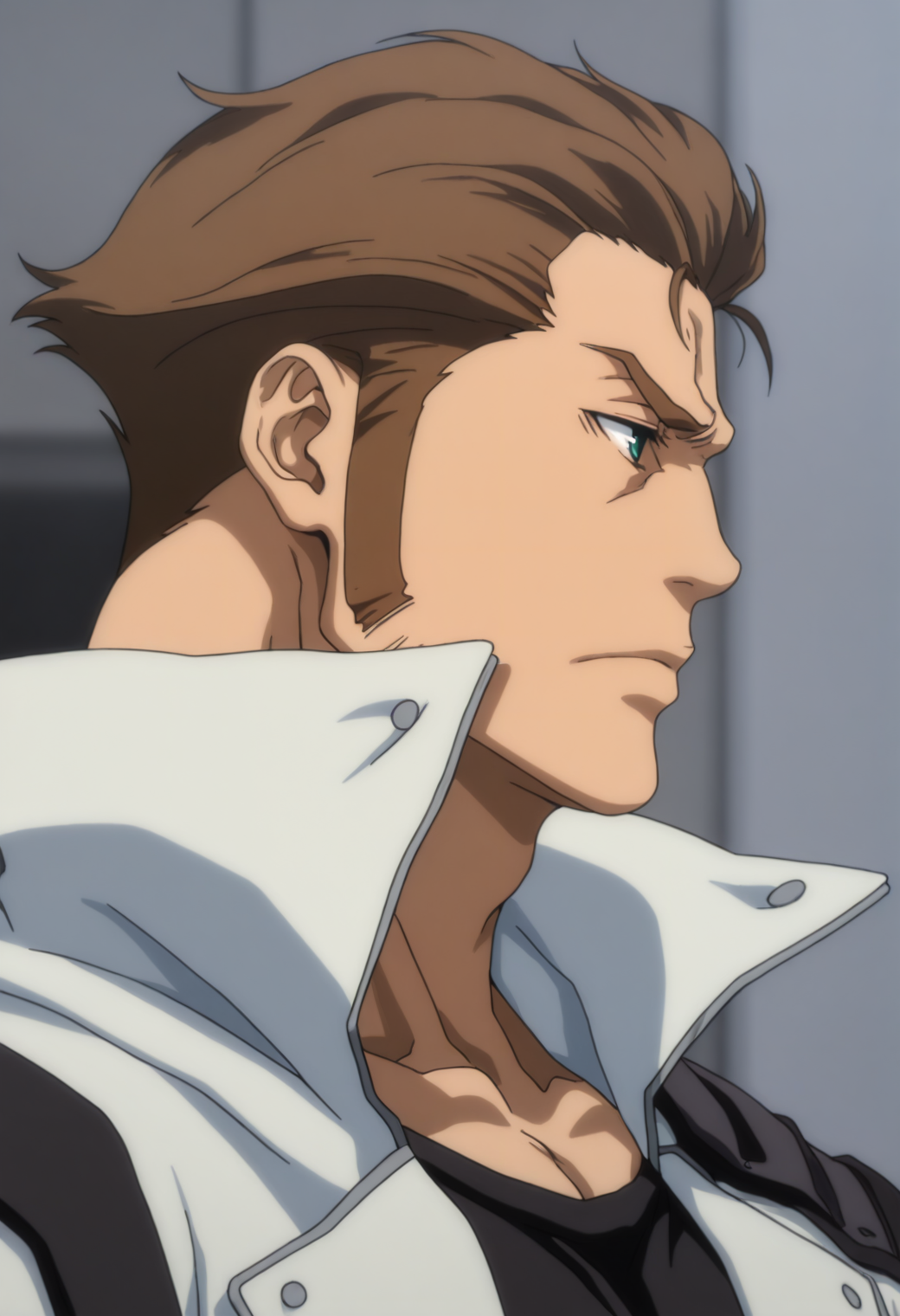 embedding:SmoothNoob_Quality,  1boy, s0rud0, brown_s0rud0_hair, blue_s0rud0_eyes, anime coloring, long sideburns, muscular male, bara,  close-up, from side, profile, serious, furrowed brow, white jacket, popped collar, black shirt, open jacket,