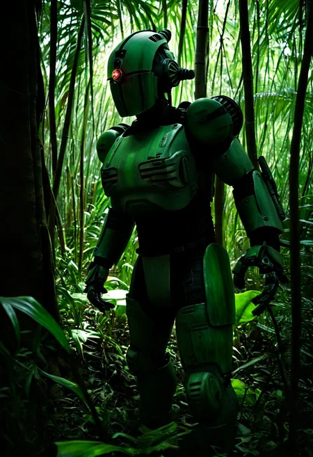 easynegative, extremely detailed, dark, chiaroscuro, low-key, AssaultronCosplay, zavy-strps, a green assaultron robot, the assaultron has black tiger stripes painted on it, tiger stripes, in the jungles of vietnam
