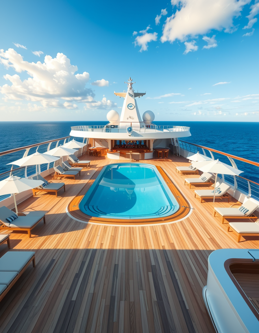 A wide, high-resolution view of the upper deck of a modern luxury cruise ship, completely empty of people. The deck features a clean, polished teak wood floor and sleek white railings along the edges. Several neatly arranged lounge chairs line both sides, with large white parasols providing shade. In the center of the deck, a crystal-clear swimming pool reflects the blue sky, with no one in or around it. To one side, a stylish bar area with a curved canopy stands closed, with colorful bottles and barstools neatly arranged. The background reveals the endless ocean meeting the horizon, under a bright, cloud-speckled blue sky. The lighting is natural daylight, casting soft shadows and highlighting the modern, serene, and luxurious ambiance of the cruise ship deck. No signs of human presence â everything is pristine, calm, and ready for guests.
<lora:SDXLFaeTastic2400:0.4> <lora:extremely_detailed:0.4> extremely detailed,<lora:luxury_cru1s3_sh1p:1>,luxury cru1s3 sh1p, Masterpiece,best quality,hi res,8k,hi res,8k,award winning,(sharp focus, intricate, highly detailed),