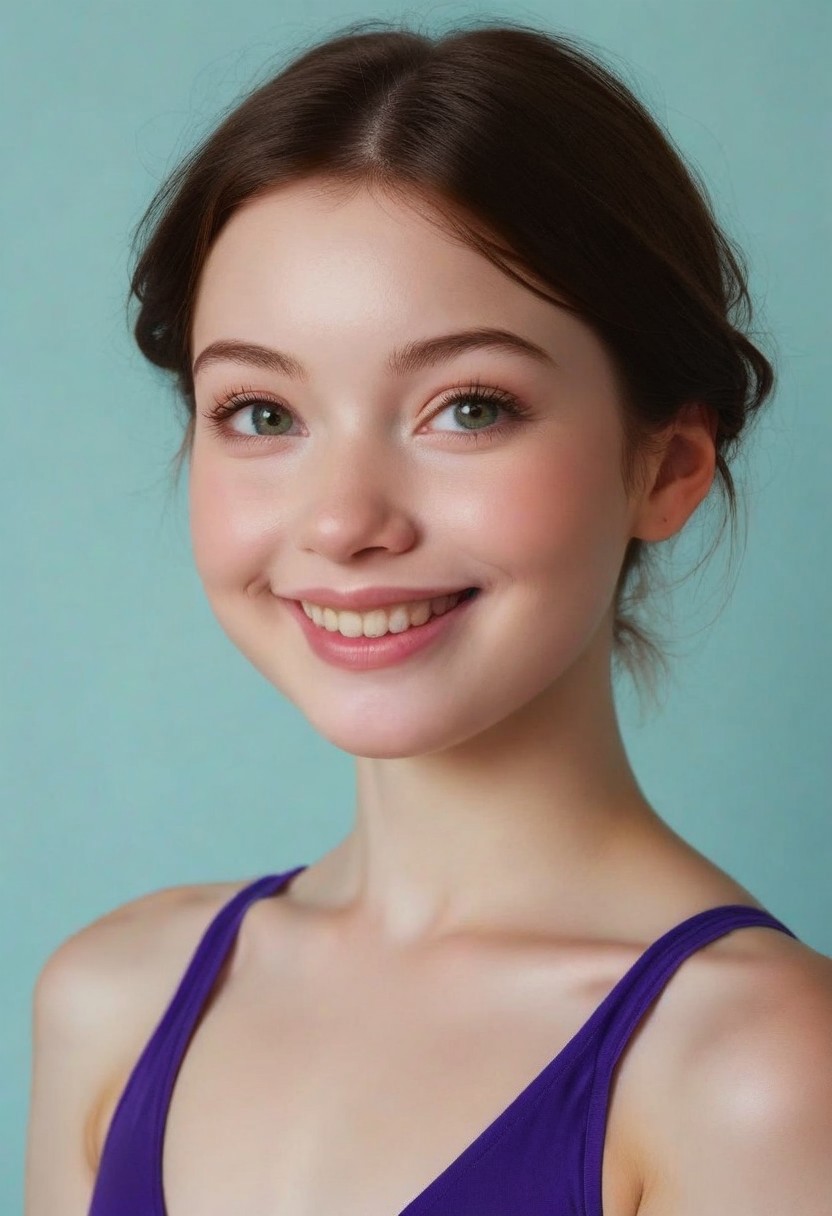 score_9, score_8_up, score_7_up, wide shot, high quality, best quality, photorealistic, sunny, gorgeous shot BREAK 18 year old, 
brunette, cute, big eyes, soft jaw, cute smile, small mouth, plump lips, very plump lips, very small mouth, barely, small nose, neoteny, barely 2, amused, smiling, european, 
Purple one-piece swimsuit2.1, 
fresh skin, goosebump skin, pale skin, 7-cgifaces, skinny, petite, detailed eyes, skinny, flat chested, very widset eyes, very small mouth, very plump lips, cut smile