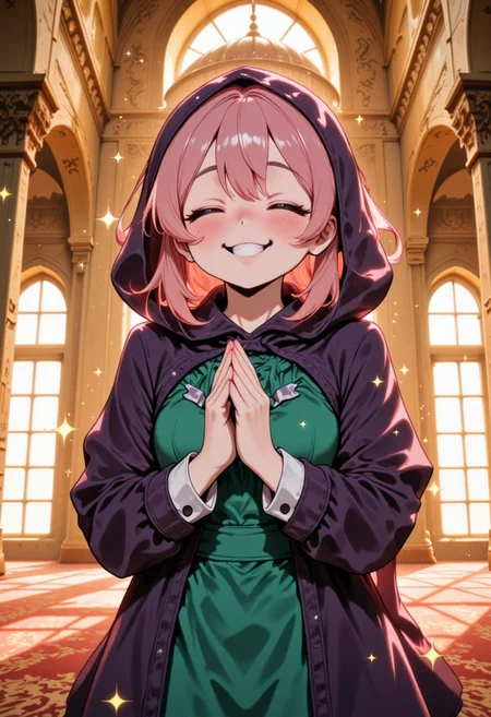 Create an illustration of a cheerful Civchan. Civchan have a bright, radiant smile with closed eyes and small sparkles around their head. She iis wearing a dark purple hood (JILBAB) over a dark coat with white cuffs, paired with a vibrant green dress featuring ruffled details. Civchan's hands are clasped together in a prayer-like gesture, expressing gratitude or excitement. The background is a elegant great mosque of Moslem holy place, golden light to fill the space, and the walls have golden paneling or ornate detailing with a wonderful Mosque dome. The overall mood should be warm, positive, and inviting. CLEAR BIG OVERLAY TEXT:"HAPPY EID MUBARAK! UKHTI CIVCHAN". Perfect hand, Detailed hand, Hand
