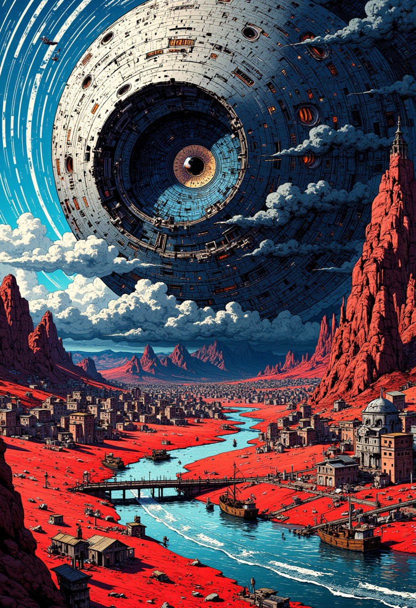mythp0rt, A mosaic, ultra realistic ominous and dark, deep shadows , over the small port town, small river nearby, docks with wooden ships, huge eye looming over the scene, wires and pipes on the ground, swirling circle clouds, dense clouds circular, blue sand ground, abstract swirling patterns around the eye, whole picture is filled with circular patterns, white lines in the sky, bright red desert scene, desolate, intricate and detailed, trending on artstation.