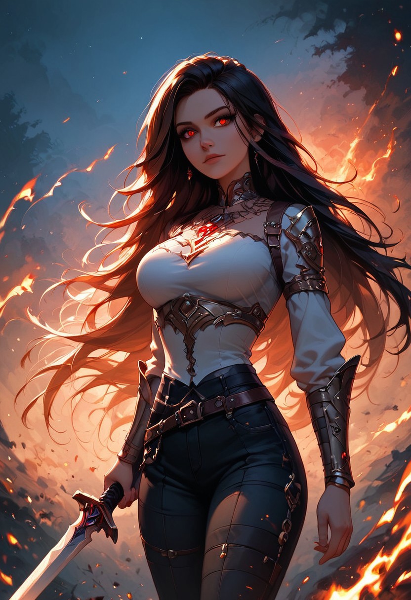 masterpiece, score_9, score_8_up, score_7_up, EasyNegative_v2, (best quality:1.1), ultra-detailed, high resolution, Highly Visible, 8k, sharp focus, beautiful, perfect lighting, smooth edges, 1girl, black pants, white top, sword, glowing sword, holding sword in hands, long hair, red eyes, Sparks, embers, dimly lit, blurred background, high contrast, saturated colors