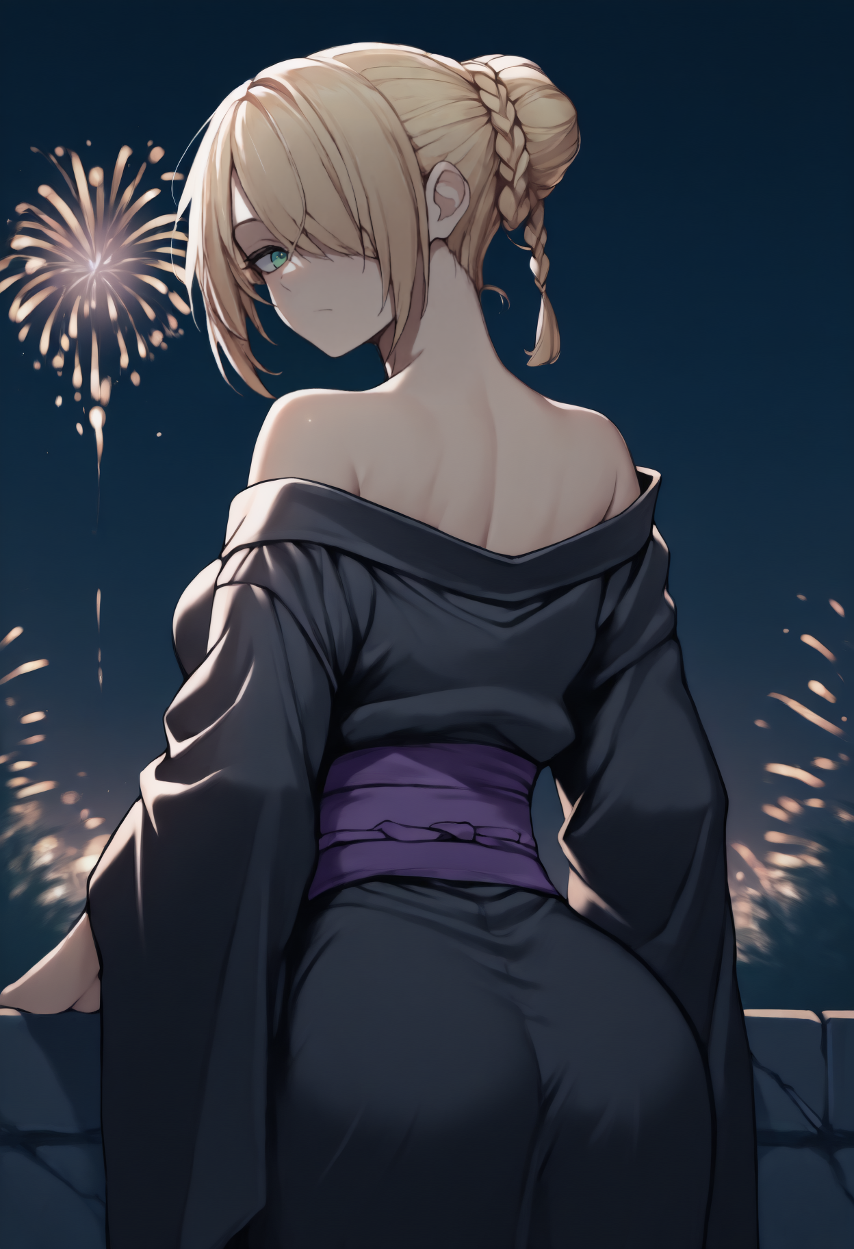 anime, masterpiece, best quality, from behind, solo, 1girl, expressionless, looking back, short hair, blonde hair, hair over one eye, braid, single hair bun, green eyes, japanese clothes, black kimono, off shoulder, purple sash, bare shoulders, outdoors, night, fireworks
<segment:yolo-face_yolov8m.pt,0.4,0.5//cid=1>