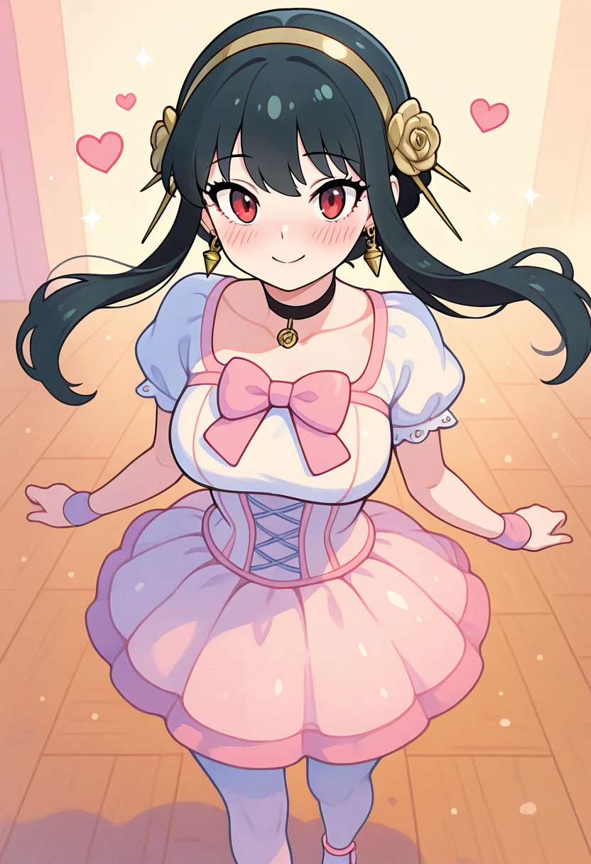 masterpiece, best quality, solo, curvy, beautiful eyes, narrow waist, wide hips, 1girl, solo, smile, looking at viewer, dynamic angle, foreshortening, close up,    Yor Briar, Yor Forger, 1girl, black hair, red eyes, short hair with long locks, gold hairband, hair flower, black choker,   k4w4iim1r41, cute outfit, pastel clothes,  <lora:KawaiiMirai_IXL:1.2>, [Bubblegum Ballerina], pastel pink tutu skirt, satin ribbon corset, lace-trimmed ballet flats, puffed mesh sleeves, heart-shaped hair clips, glittery blush cheeks, sheer tights with stars, oversized bow headband, pearl anklet, candy-shaped earrings, mirrored dance studio, sunlight on wooden floor, graceful pose, warm smile,