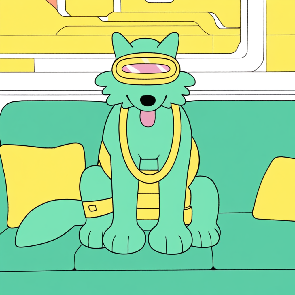 score_9, score_8_up, score_8, furry, wolf, Canon Wulf, teal fur, teal body, goggles obstructing eyes, gold chain, cartoon style, smooth lines, countershading, soft shading, 2d, extreme detail, 4K, high definition, high resolution, feral, sitting, facing viewer, on couch, tongue out, inside