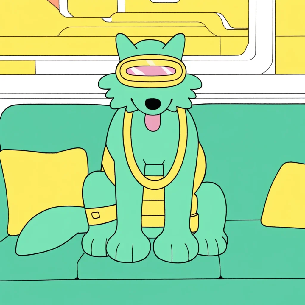 score_9, score_8_up, score_8, furry, wolf, Canon Wulf, teal fur, teal body, goggles obstructing eyes, gold chain, cartoon style, smooth lines, countershading, soft shading, 2d, extreme detail, 4K, high definition, high resolution, feral, sitting, facing viewer, on couch, tongue out, inside