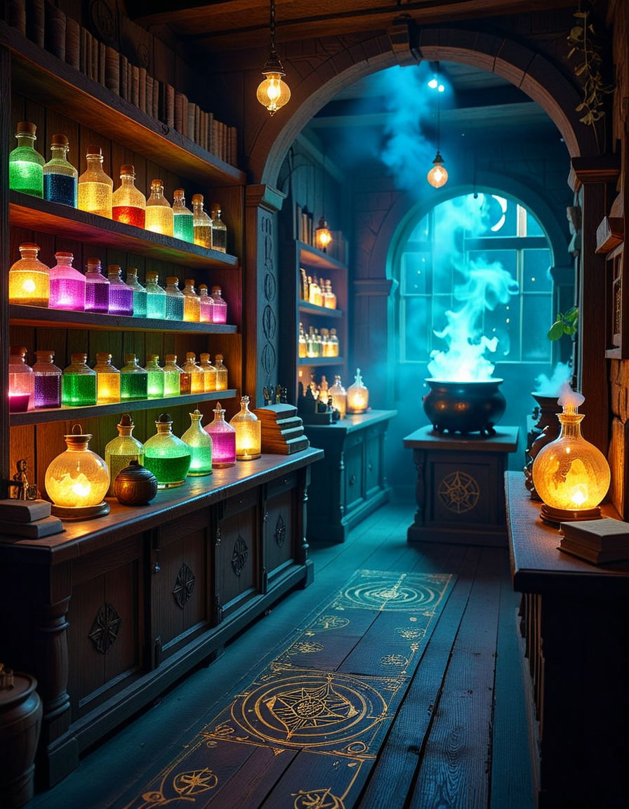 A dimly lit, mysterious alchemy shop filled with ancient books, glowing potions, and strange magical artifacts. Wooden shelves, covered in dust and cobwebs, are packed with glass bottles containing bubbling liquids in deep purples, shimmering golds, and eerie greens. The air is thick with swirling mist, and candlelight flickers, casting long shadows across the stone walls. In the foreground, an old wooden counter holds an open grimoire, alongside mortar and pestles, dried herbs, and mysterious symbols carved into the surface. Strange objects like a levitating crystal orb, a preserved dragonâs eye in a jar, and an enchanted dagger with glowing runes are displayed throughout the space. A bubbling cauldron in the corner emits a soft, eerie glow, illuminating the intricate arcane symbols on the floor. The atmosphere is dark, mystical, and full of ancient secrets, evoking a sense of forgotten magic and hidden knowledge.
<lora:SDXLFaeTastic2400:0.4> <lora:extremely_detailed:0.4> extremely detailed,<lora:mysterious_4lch3my_sh0p:1>,mysterious 4lch3my sh0p, Masterpiece,best quality,hi res,8k,hi res,8k,award winning,(sharp focus, intricate, highly detailed),