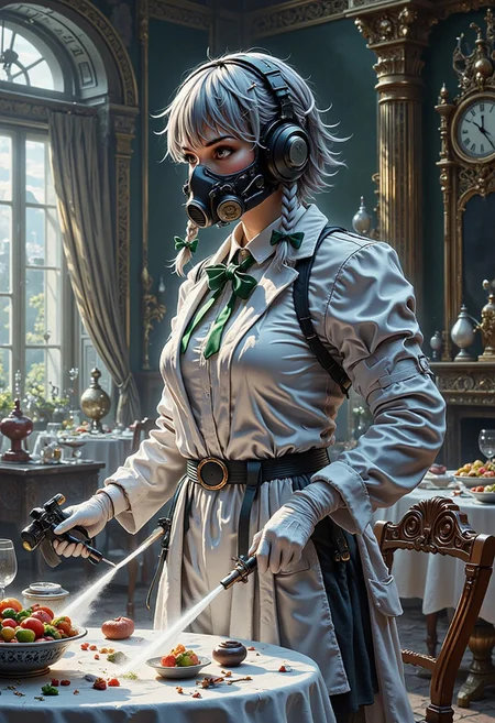 A masterpiece, ultrarealistic, natural colours of evening light, photorealistic scene, luxurious intricate interior of a dining room, rich in detail, dining table covered white table cloth, empty chairs after the eaters have left, dirty dishes, serving dishes with leftover food, a few dead mice on table, a clock,
Flat chested Izayoi Sakuya in full-face respirator, protective rubber gloves and white unbuttoned lab coat with long sleeves over maid uniform and mid dress is spraying tables with a pump sprayer, stream of white spray, (tiny tits, flat chest:1.8), slim, slender, short silver hair, twin braids, green bows, detached collar, green bowtie, puffy sleeves, white wrist cuffs, white apron, pocket watch, thighhighs,
<lora:Hand v2:1> Detailed hand, Hand, Perfect hand,
<lora:best_of_flux_v30_rank64_bf16-step01750:1> best_of,