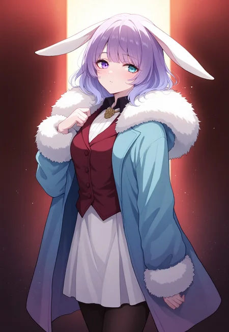 solo, close shot, ethereal, ultra-detailed, cinematic lighting, halfturned, particles, mesmerizing, 

turned to side, arching back, v_hand, bunny ears,

soft blush, 

1girl, medium purple hair, even bangs, red  vertical gradient hair, heterochromia, left eye purple, right eye blue, light blue coat, fur-trimed coat, dark red vest, white dress hem, golden ornament coat, black pantyhose, 

(748cmstyle:1.3), 

masterpiece,best quality,amazing quality, detailed, 
