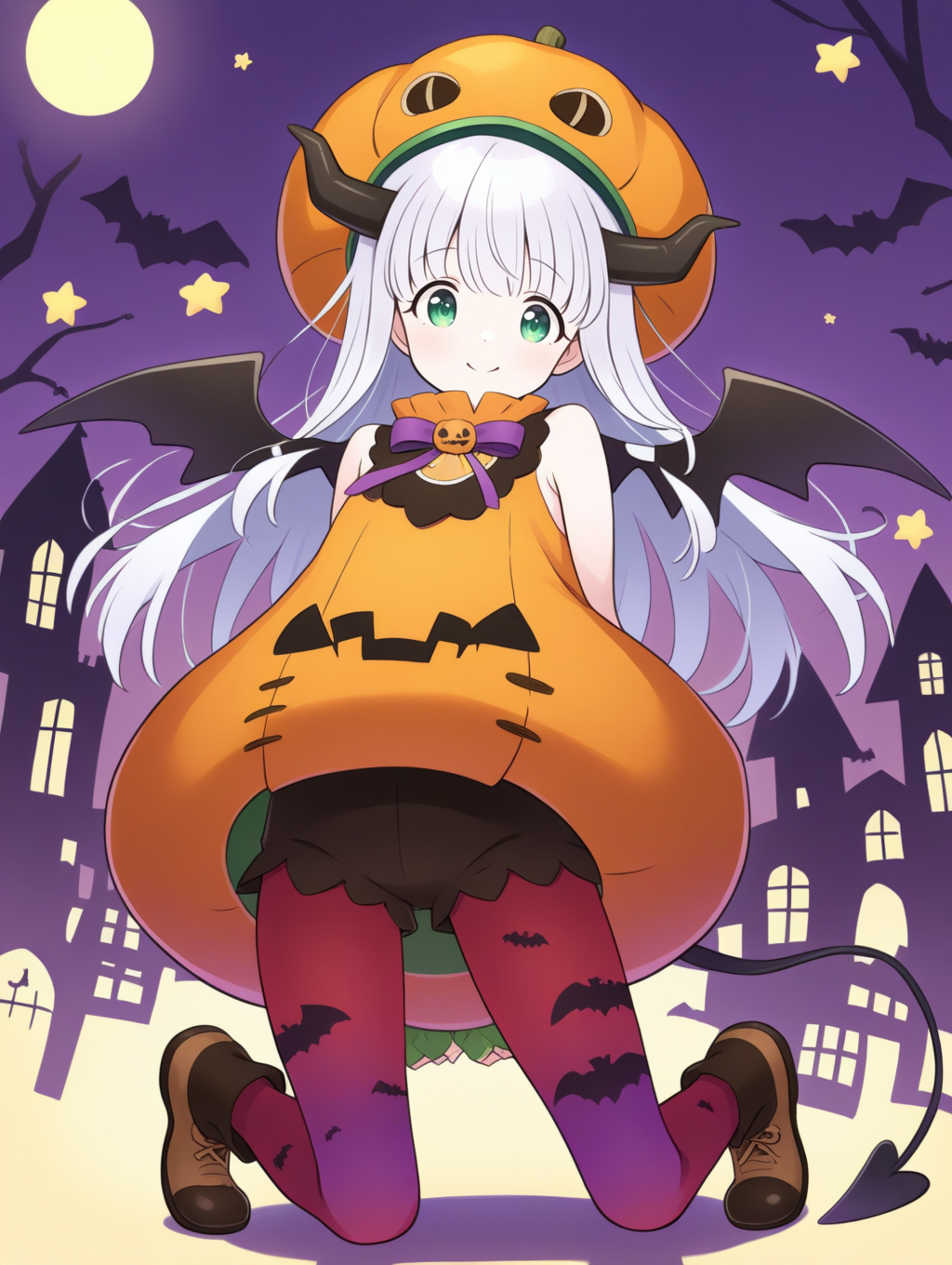 perfect quality,best quality,absolutely eye-catching,ambient occlusion,raytracing BREAK
1girl,<lora:riria kabotya IL v1.1:0.8>,kabotya,white hair,green eyes,long hair,horns,halloween,halloween costume,pumpkin,hat,sleeveless,wrist cuffs,wings,ribbon,demon tail,red legwear,purple legwear,shoes,print legwear,, straight-on,macro_shot,kneeling,v,arms_behind_back,kicking,