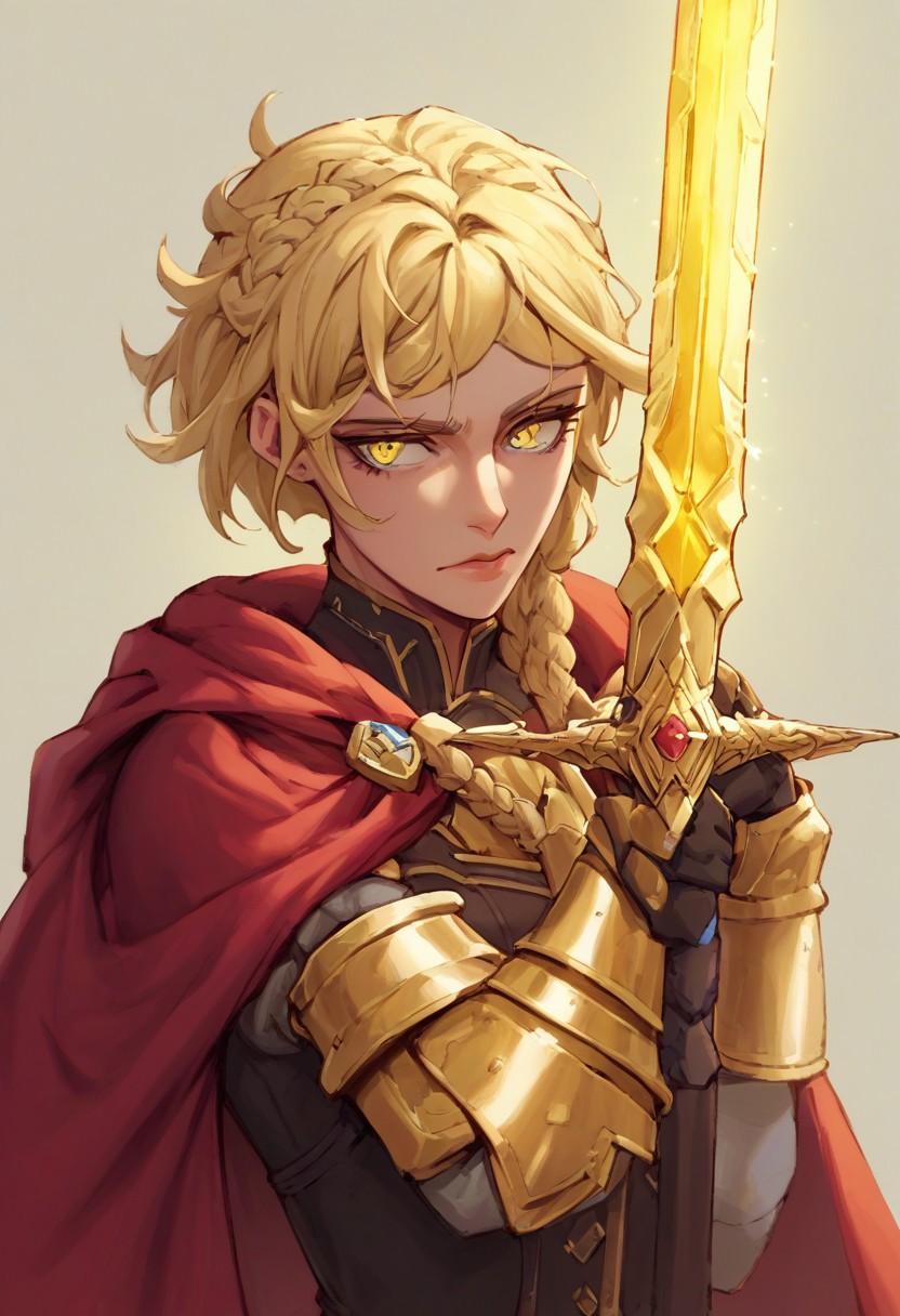 score_9, score_8_up, score_7_up, score_6_up, score_5_up, score_4_up, 
paladin lady holding glowing sword, blonde hair, braid, ornate golden armor, ornate pauldrons, black corset, glowing yellow eyes, red cape, upper body, face focus