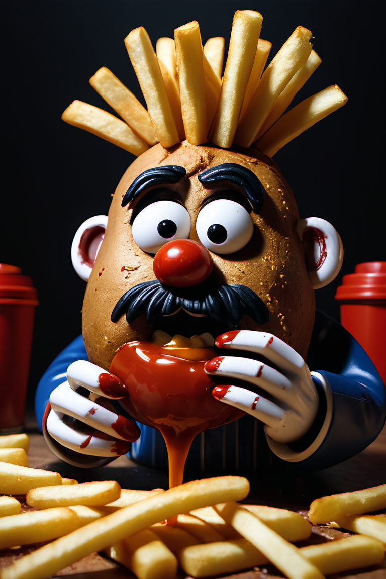Horror-themed mr potato head eating french fries with ketchup,cinematic still frame,35mm,8K,thorough,fries in mouth,ketchup, . Eerie, unsettling, dark, spooky, suspenseful, grim, highly detailed