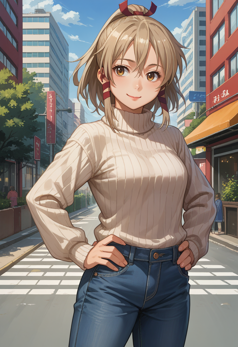 score_9, score_8_up, source_anime, 1girl, solo, Ukanomitama, long hair, high ponytail, hair ribbon, tress ribbon, sweater, ribbed sweater, jeans, outdoors, city, smile, hands on hips, <lora:ChamUkaPonyXL:1>