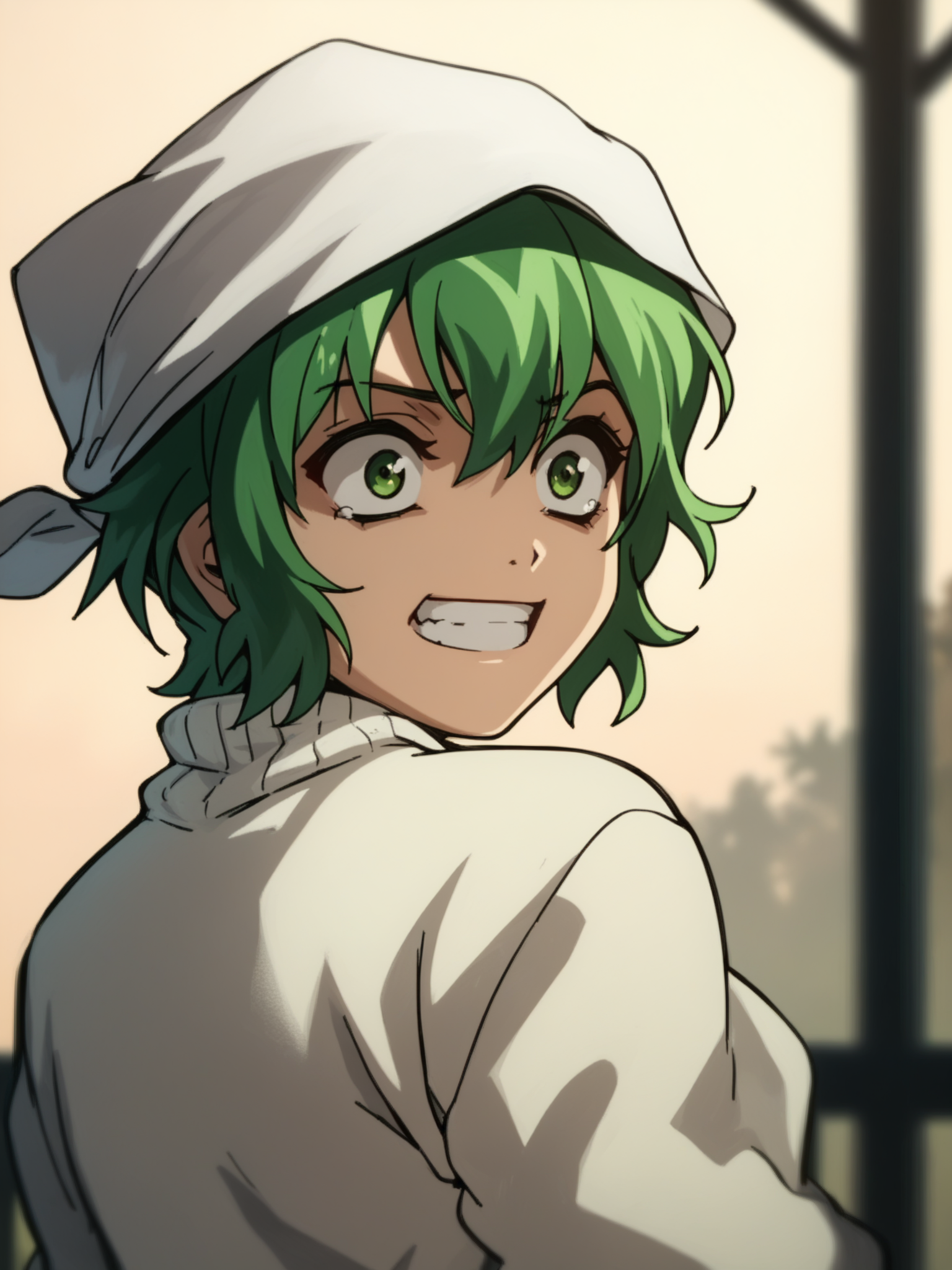 <lora:happy_tentacle-korone-v0.2:1>, ht_korone, green hair, green eyes head scarf, white sweater , 1girl, solo, portrait , , ( scared , grin :1.1), looking back , , score_9, score_8_up, score_7_up, score_6_up, score_5_up, score_4_up