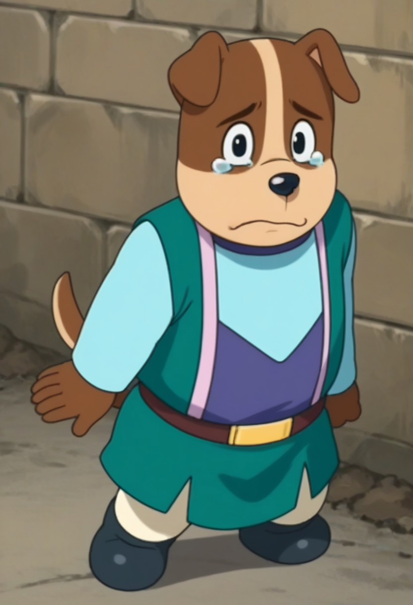 looking at viewer, dog, dog boy, male focus, brown fur, body fur, furry, furry male, 1boy, solo, brown hair, black eyes, animal ears, dog ears, animal nose, shirt, long sleeves, vest, belt, boots, black footwear, tail, full body, crying, tears, high quality