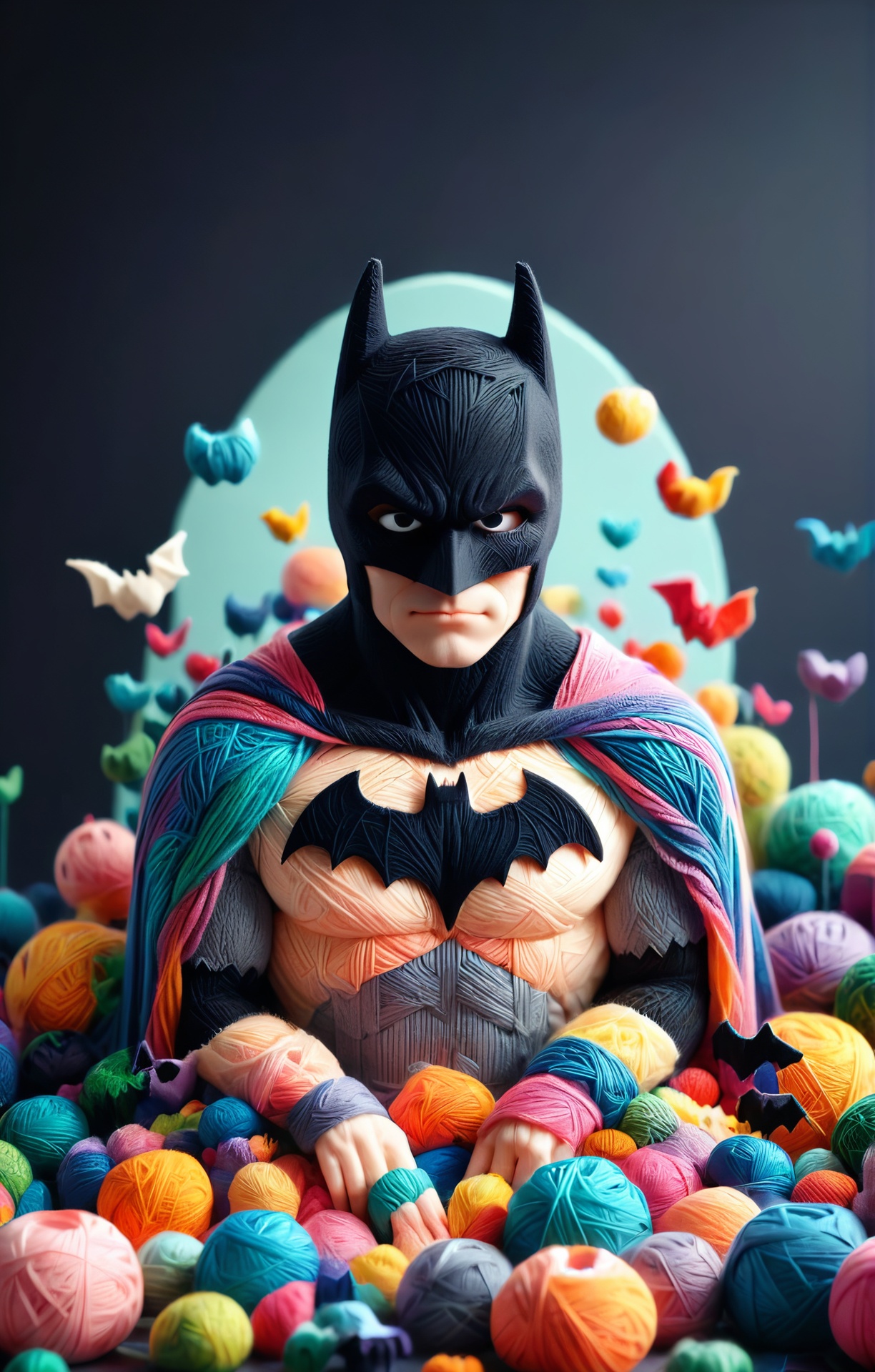 3d isometric, blender render, soft colorful-hued colors, yrnwrld, batman made of yarn, isolated <lora:Yarnworld-000017:1> Two tone lighting, abstract geometric gradients, geometric shapes, simple background