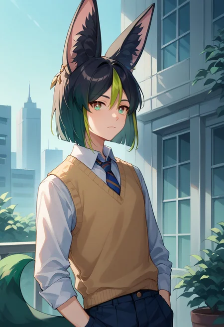 score_9, score_8_up, score_7_up, source_anime, highly detailed,
Tighnari, 1boy, male focus, solo, fox boy, animal ears, animal ear fluff, fox ears, fox tail, multicolored hair, streaked hair, blunt ends, hair between eyes, black hair, green hair, bangs, green eyes,
school uniform, shirt, collared shirt, sweater vest, pants, upper body,
outdoor, building, contemporary