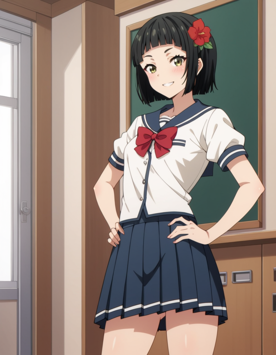 score_9, score_8_up, score_7_up, source_anime, uncensored, <lora:StS_detail_slider_v1:3>, zPDXLxxx, <lora:Chiharu_Youki_PONYXL_VexVexX:1>, ChiharuYouki, 1girl, (brown eyes:1.2), green eyes, black hair, short hair, blunt bangs, hair ornament, hair flower, small breasts, school uniform, serafuku, pleated skirt, red bow, cowboy shot, indoors, from front, standing, legs shoulder-width apart, hands on hips, elbows out, looking at viewer, smile,