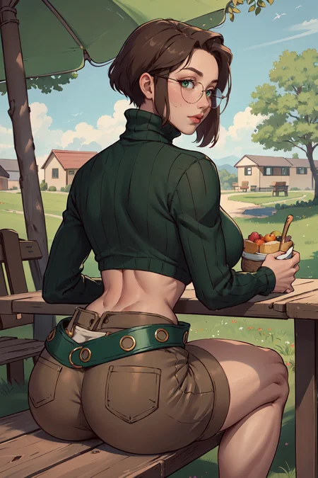 (masterpiece,best quality,absurdres,beautiful,aesthetic,detailed),from behind,outside,picnic table,,ass focus,sitting,1girl,looking at viewer,big booty,dimples of venus,mimoza,glasses, turtleneck, green sweater, crop top, navel, midriff, belt, brown shorts <lora:mimoza-sn2-richy-v1:0.9>