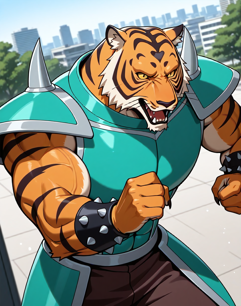 <lora:Armour_Tiger_(Astro_Fighter_Sunred)_(Illustrious)_(AD):1.15> Armour Tiger, muscular, Sunred, 
dutch angle, exterior, city park, city, trees, houses, apartments, Japanese style modern architecture, 
villain, strong, powerful, large shoulders, large biceps, thick neck, veiny muscles, green chest armor, fighting pose, dynamic action, bent arm, punch, 
BREAKvery awe, aesthetically pleasing, masterpiece, best quality, amazing quality, very aesthetic, perfect depth of field shot, gradient style coloring, 
EZRealPONYXL, zPDXL, Smooth Quality, lazympos, IllustQualXL_Pos,