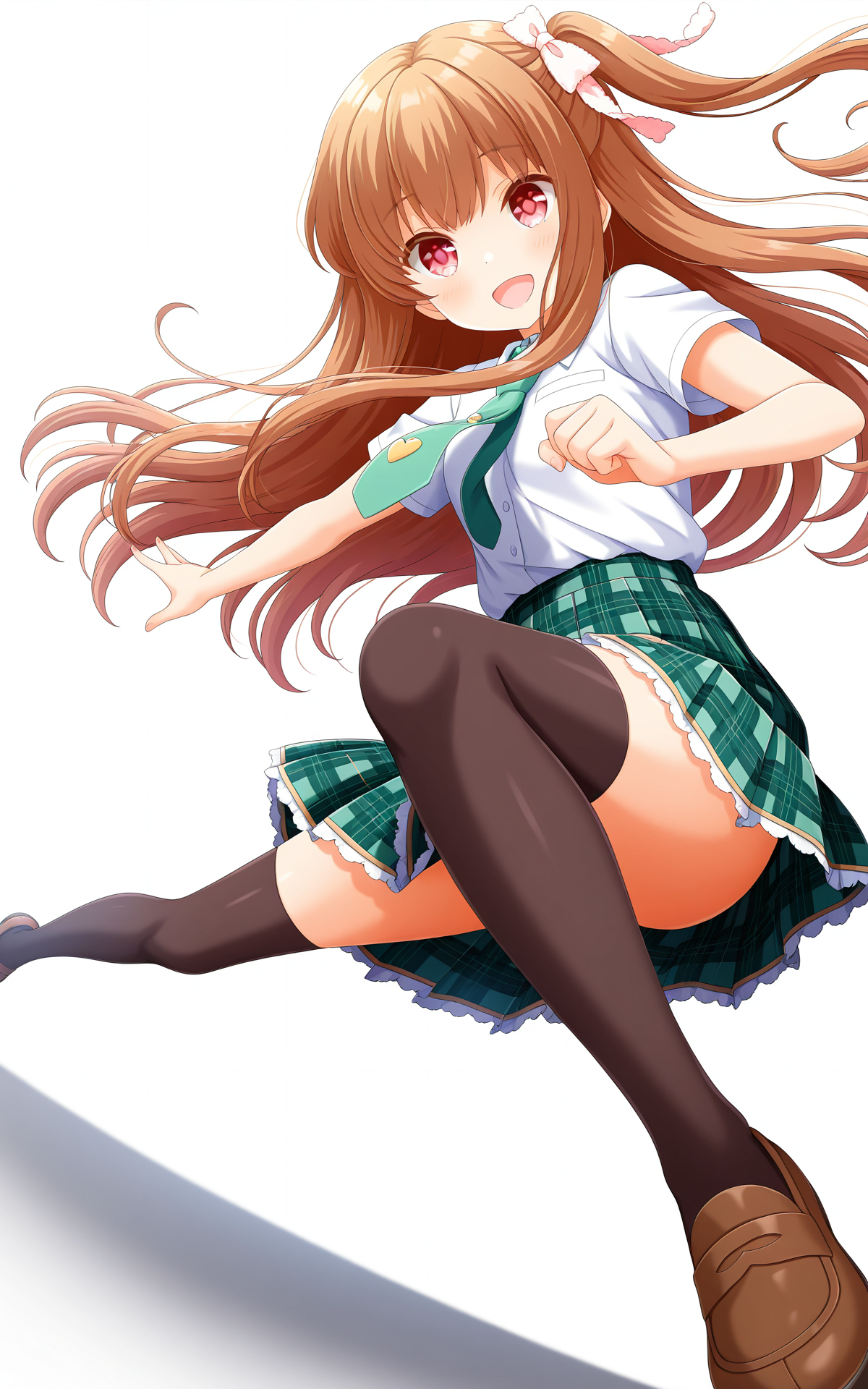 masterpiece, best quality, good quality, newest,4k, perfect lighting, cinematic, very aesthetic, official art, anime screencap, anime coloring,(((white background, simple background))),
1girl,solo,asahina momoko, seio school unform,brown hair,long hair,one side up,ribbon,red eyes,white shirt,short sleeves,green necktie,green skirt,plaid skirt,pleated skirt,black thighhighs,zettai ryouiki,loafers,
smile,open mouth,dynamic pose,dynamic angle,full body,BREAK
 <lora:ILmomoko:1>