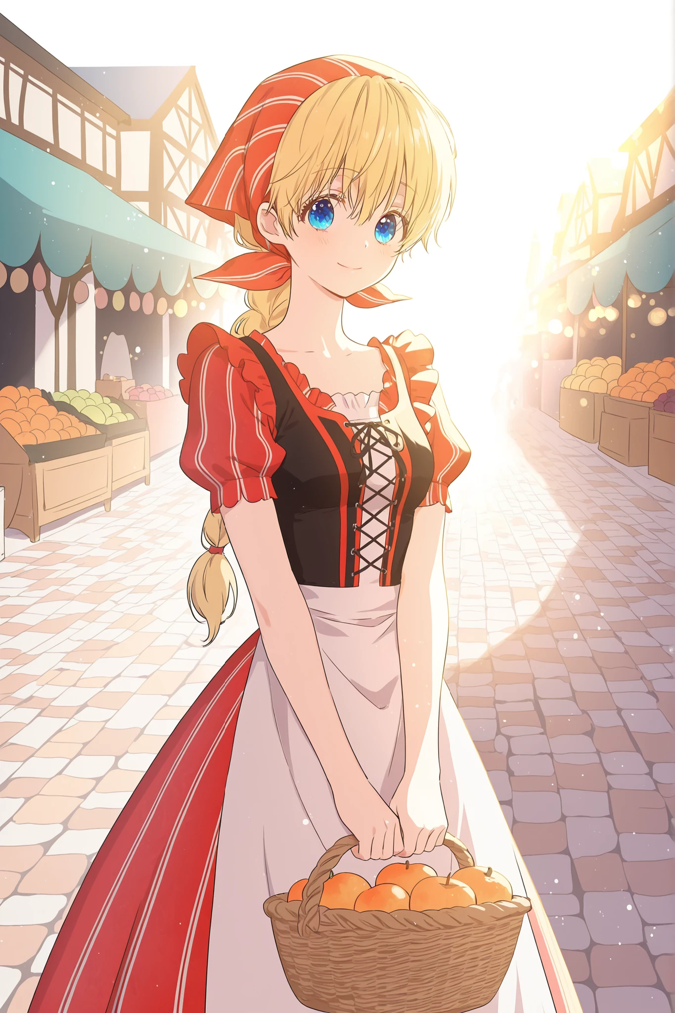 masterpiece, best quality, absurdres, high quality, detailed illustration,
redfolkdress, 1girl, solo, athanasia, blonde hair, blue eyes, long hair, single braid, bangs, folk costume, red dress, apron, white apron, laced bodice, puffy sleeves, short sleeves, ruffles, bandana, headwear, 
looking at viewer, gentle smile, holding a basket,
soft lighting, sunlight, cinematic light, detailed background, market town setting, fruits, cobblestone street, blurred background, bokeh, cowboy shot