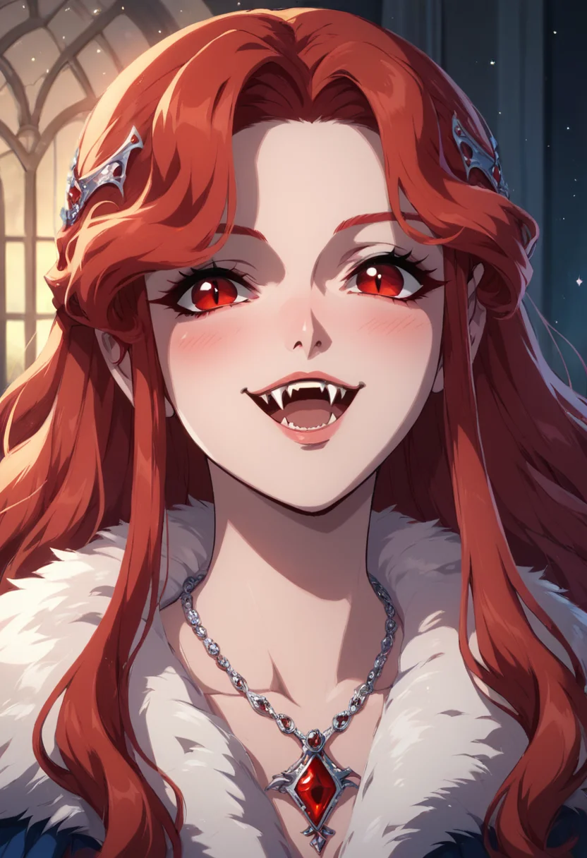 masterpiece,best quality, highly detailed, score_9, score_8_up, score_7_up, score_6_up,<lora:xl_more_art-full_v1:0.8>,
BREAK
<lora:lenoreXL:0.8>lenore,1girl, solo, red eyes, long hair, fangs, jewelry, open mouth, blush, red hair, necklace, looking at viewer, smile, fur trim, vampire