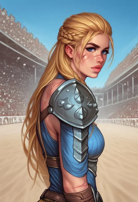 1girl, (((side view))), illustration, highly detailed, skinny, model body, looking at viewer, 1girl, masterpiece, best quality, femgladiator, scar, bloody, dynamic pose, <lora:Gladiator_F_For_Honor:0.9>
BREAK
(((((Bestiary gladiator armor, scars on face))))), ((((dynamic pose))))
long hair, blonde hair, big hair, blue eyes,
(((a short soft tunic, arms and legs bandaged with tight bandages)))
best quality, depth of field, bokeh, (((full clothed))),
BREAK
((((outdoor, gladiator arena, sand, colosseum, scars on body, bloody:1.2)))) score_9, score_8_up, score_7_up, score_6_up, source_cartoon, rating_explicit, Expressiveh, ((((upper body))))), dynamic pose,