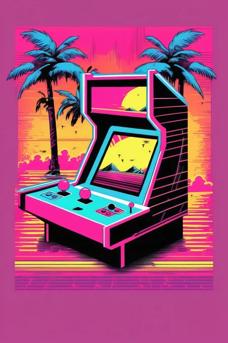 <lora:Synthwave T-shirt:1>Synthwave T-shirt - 80s arcade, comic book style artwork, synthwave, tropical 8bit t-shrit design in the style of the retro 80s