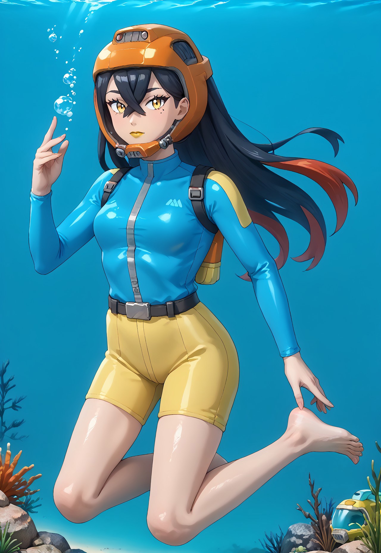 PokemonStyle, pokemon \(anime\), full body,solo female, score_9, score_8, score_7, score_6_up, source_anime, anime coloring, anime screencap, official art,
BREAK full body, 1girl, black hair, colored inner hair, crossed bangs, hair between eyes, hairband, long hair under helmet, mole, mole under eye, multicolored hair, red hair, sidelocks, two-tone hair, yellow eyes, low lipstick only, floating hair, (blue wetsuit), long sleeves, bare legs, beautiful legs, barefoot,
BREAK
(pokemoncarmine wearing (snug fitting, head-sized(yellow diving helmet ))), (helmet overlapping chin, helmet overlapping cheeks, helmet overlapping jawline, helmet overlapping ears), shiny glass visor:0.5, 
BREAK underwater, seafloor, rocks, sea-green background:0.25, sea-green overlay:0.55, seaweed, neck 
BREAK blue background:0.25, bubbles, BREAK mask snugly on face, regulator, breathing tube, orange oxygen tank strapped to back, harness tightly on chest, belt, swimmingai, floating, bubbles, looking at viewer, diving, looking to side, aloof, closed mouth, vents on helmet, covered ears,
