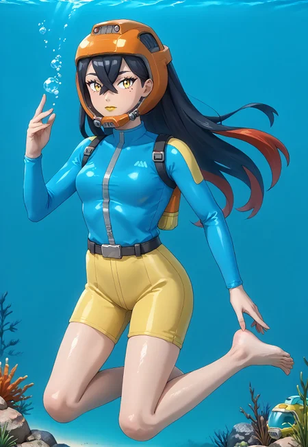 PokemonStyle, pokemon \(anime\), full body,solo female, score_9, score_8, score_7, score_6_up, source_anime, anime coloring, anime screencap, official art,
BREAK full body, 1girl, black hair, colored inner hair, crossed bangs, hair between eyes, hairband, long hair under helmet, mole, mole under eye, multicolored hair, red hair, sidelocks, two-tone hair, yellow eyes, low lipstick only, floating hair, (blue wetsuit), long sleeves, bare legs, beautiful legs, barefoot,
BREAK
(pokemoncarmine wearing (snug fitting, head-sized(yellow diving helmet ))), (helmet overlapping chin, helmet overlapping cheeks, helmet overlapping jawline, helmet overlapping ears), shiny glass visor:0.5,
BREAK underwater, seafloor, rocks, sea-green background:0.25, sea-green overlay:0.55, seaweed, neck
BREAK blue background:0.25, bubbles, BREAK mask snugly on face, regulator, breathing tube, orange oxygen tank strapped to back, harness tightly on chest, belt, swimmingai, floating, bubbles, looking at viewer, diving, looking to side, aloof, closed mouth, vents on helmet, covered ears,