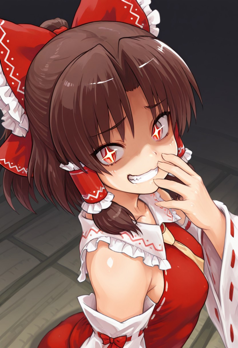 best quality, masterpiece, from side, from above,
1girl, benikurage \(cookie\), hakurei reimu,
shaded face, raised inner eyebrows, 
slit pupils,
hand over own mouth, grin, fang, 
sparkling eyes,
dynamic pose,