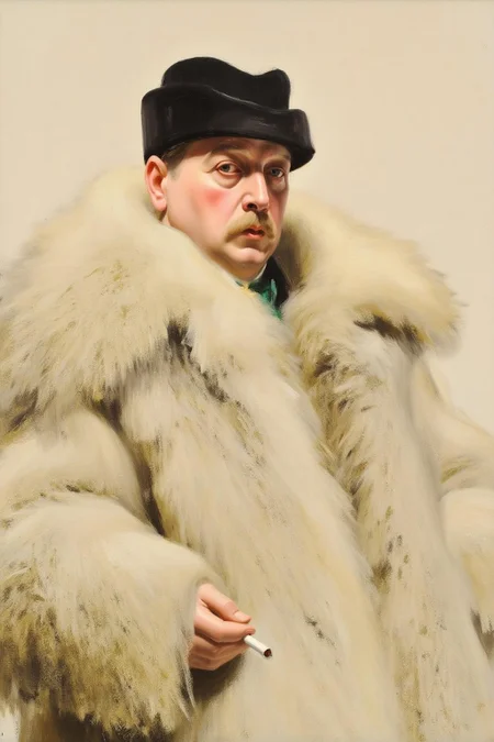 anderszorn1 painting.
An elderly man with a mustache glances toward the viewer. He is wearing a black fur hat and a thick, luxurious cream-colored fur coat. He holds a cigarette in his hand. <lora:anderszorn2_cap_d6a3:1.0><lora:836637364433639565:0>