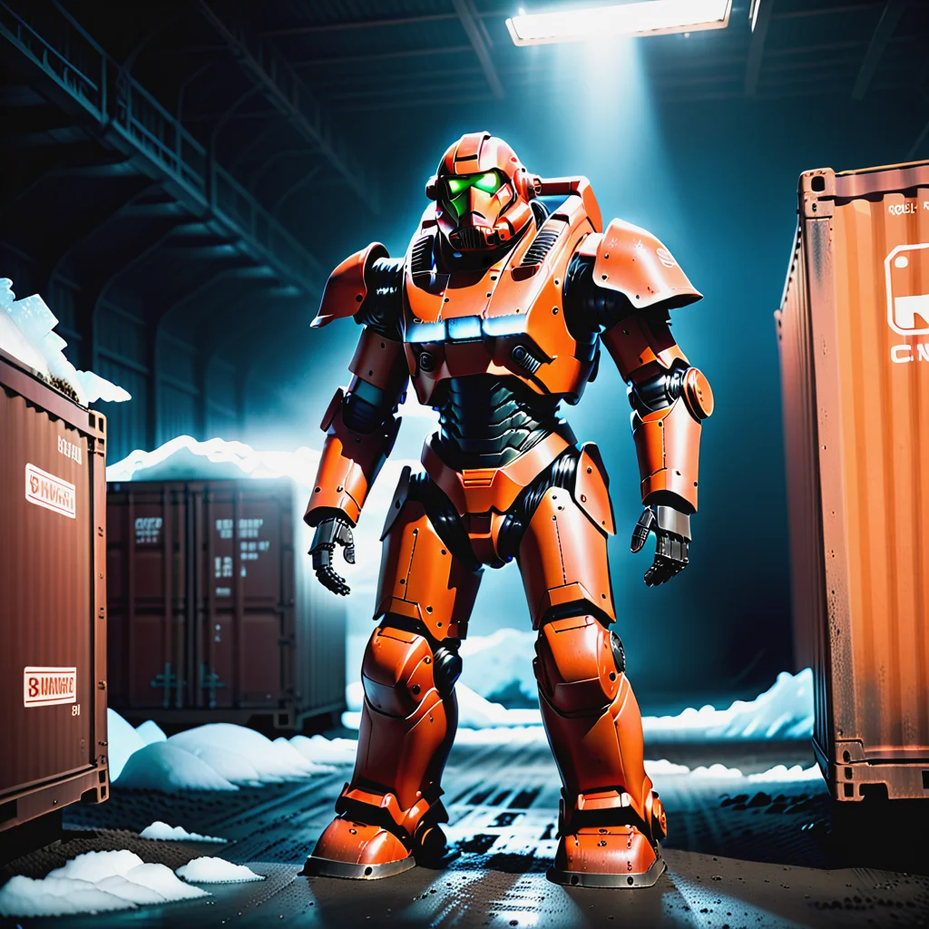 (((cinematic realism film scene still of a red khaki paint (techmaker power armor:1.5) , glowing container box, , mechanization style.cyberpunk, latex, ceiling, dust, humanoid robot, looking to the side, frozen iceberg, arctic tundra, robot joints, biker clothes, dark background, orange eyes, . 35mm f1.8 Macro, chiaroscuro, shallow depth of field, vignette, Mise-en-scene, detailed, cinemascope, moody, epic, key visual, beefy, simple background, by, form, dark background, nightcold theme
<lora:TechMaker_v1-e6:1>))) !, grit, (rust:0.65), cracks, cracked surface, subtle messy, dust, weary, edges rusty dusty, surface scratches, peeled sun bleeched paint, smudges, crumbles, rugged, used