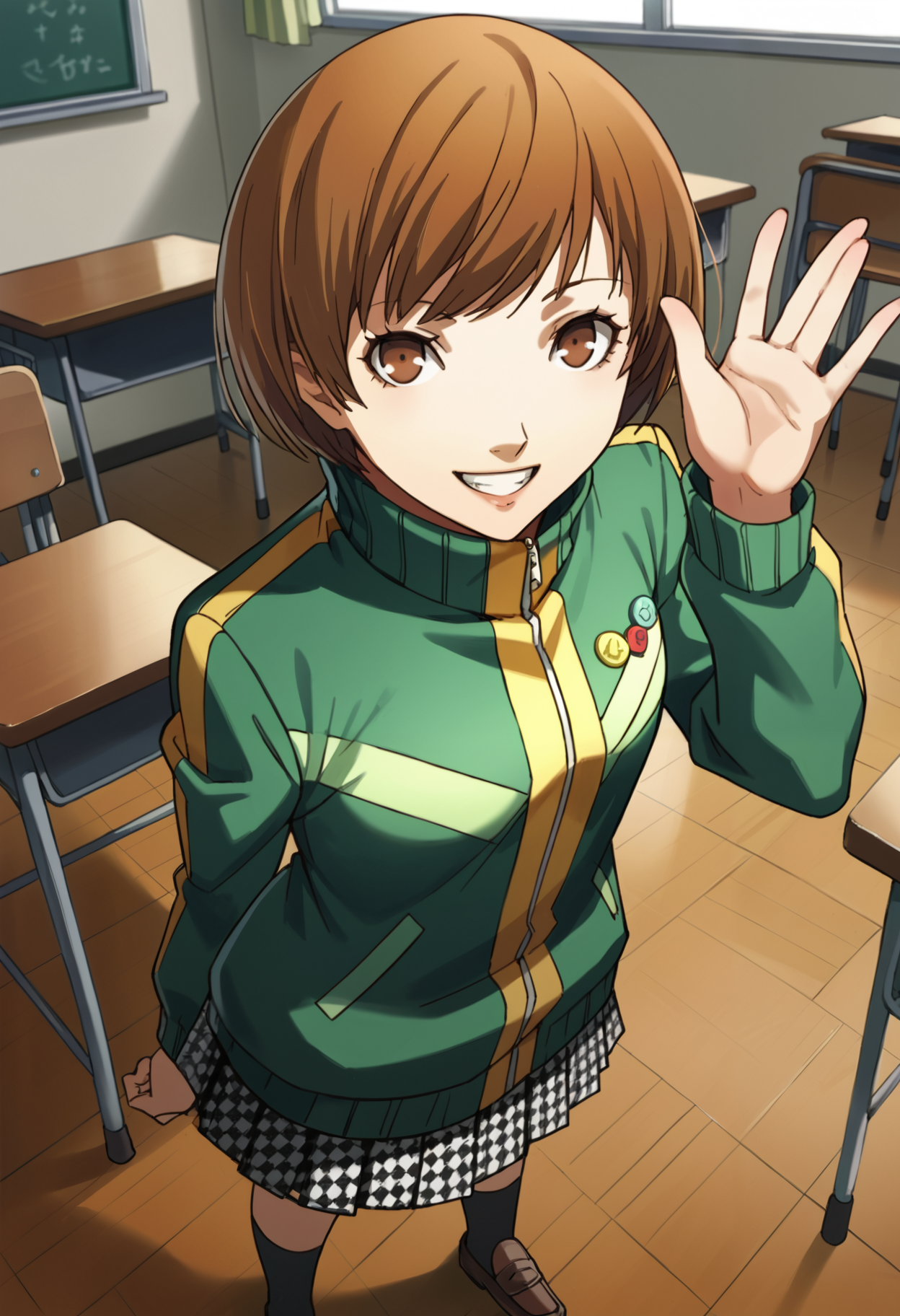 score_9, score_8_up, source_anime
1 girl, solo, cute face,
p4chie, satonaka chie, short hair, brown hair
p4chie-winuni, school uniform, yasogami school uniform, green jacket, zipper, button badges, pleated skirt, houndstooth skirt, socks, loafers,
classroom, standing, looking at viewer, smile, teeth, waving
masterpiece, best quality, ultra detailed,