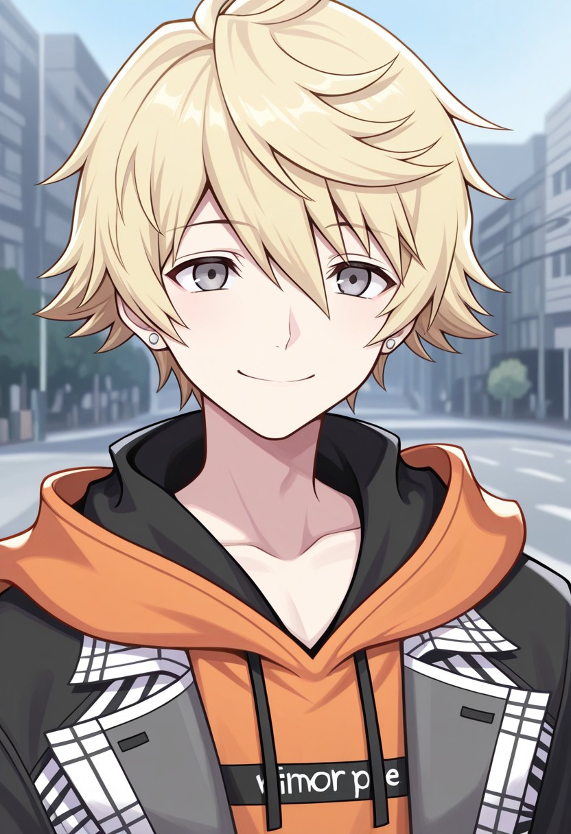 masterpiece,best quality,amazing quality, source_anime,
rindokanade, 1boy, male focus, solo, grey eyes, blonde hair, jewelry, earrings, hoodie, orange hoodie, coat, black and white coat, portrait, smile,
outdoor,