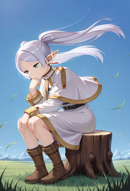 masterpiece, high quality, th1nk3r, 1girl, solo, frieren, white hair, pointy ears, cowboy shot, stump, sitting, head rest, leaning forward, outdoors, sky, wind, grass,