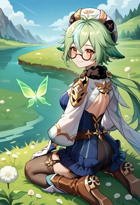 score_9, score_8_up, score_7_up, source_anime, 1girl, sucrosedef, orange eyes, green hair, multicolored hair, hair between eyes, long hair, ponytail, animal ears, glasses, semi-rimless eyewear, hat, beret, fur collar, vision (genshin impact), blue dress, gold trim, cape, long sleeves, white gloves, garter straps, black thighhighs, knee boots, white footwear, wariza, kneeling, closed mouth, smile, blush, looking at viewer, outdoors, grass, lake, wind, dandelion, dandelion seed, crystalfly \(genshin impact\), butterfly, portrait, close-up, upper body, from behind, back, looking back, <lora:Sucrose_v1-000010:1>