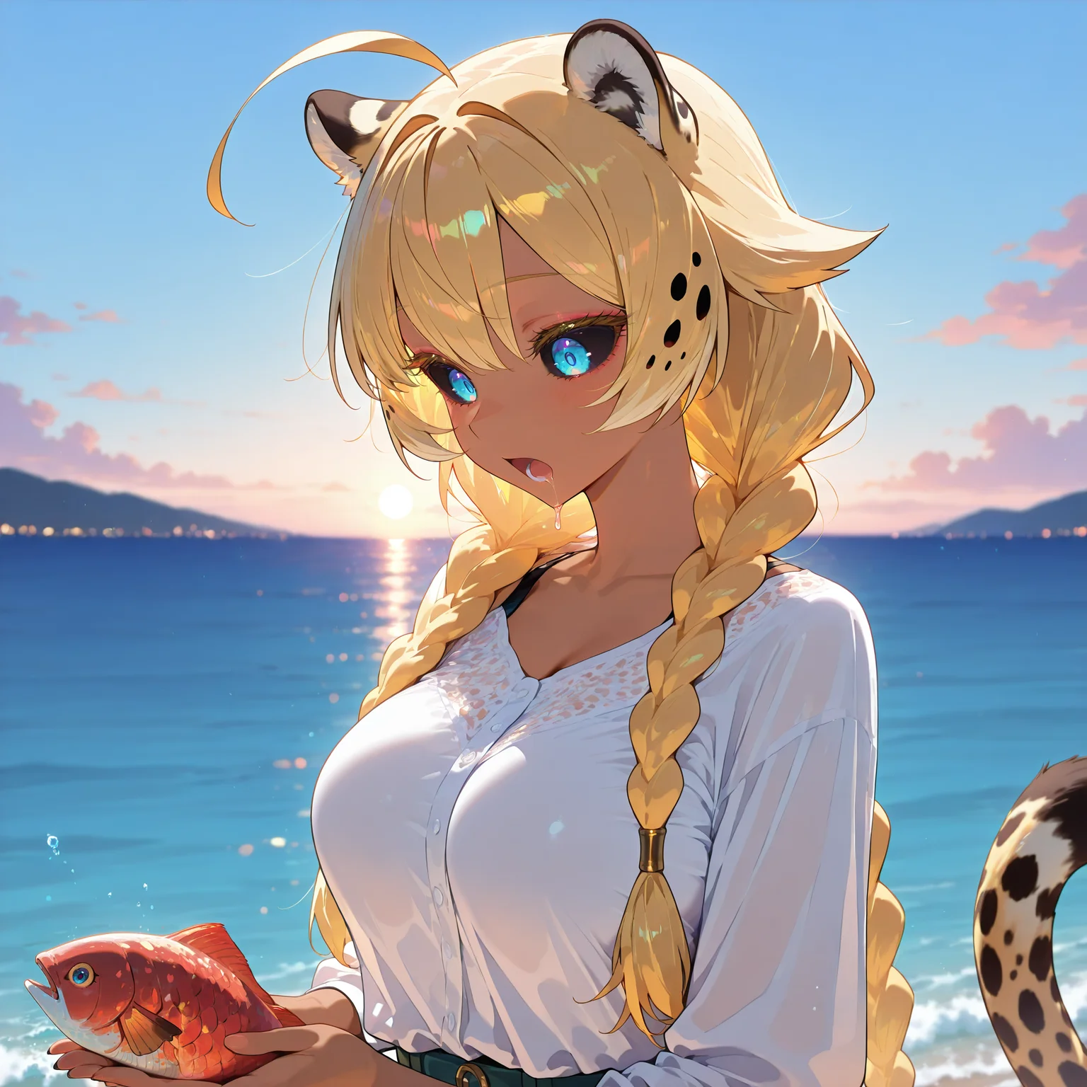 masterpiece, best quality, amazing quality, very aesthetic, absurdres, 1girl, solo girl, gigantic fish, ocean, outdoors, red snapper, holding with both hands, sky, snapper(fish), looking at fish, upper body, <lora:add-detail-xl:2>
<lora:Miru_Gold_Illustrious:1> Miru Gold, dark skin, cheetah ears, black sclera, cheetah tail, blue eyes, golden hair, long twin braids , ahoge, hair flaps, spiky hair flaps, long hair, medium breasts, looking down, drooling, open mouth, :o,
masterpiece, best quality, amazing quality, very aesthetic, absurdres,