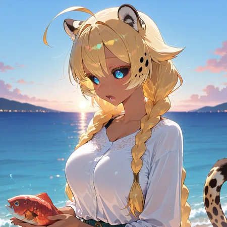 masterpiece, best quality, amazing quality, very aesthetic, absurdres, 1girl, solo girl, gigantic fish, ocean, outdoors, red snapper, holding with both hands, sky, snapper(fish), looking at fish, upper body, <lora:add-detail-xl:2>
<lora:Miru_Gold_Illustrious:1> Miru Gold, dark skin, cheetah ears, black sclera, cheetah tail, blue eyes, golden hair, long twin braids , ahoge, hair flaps, spiky hair flaps, long hair, medium breasts, looking down, drooling, open mouth, :o,
masterpiece, best quality, amazing quality, very aesthetic, absurdres,
