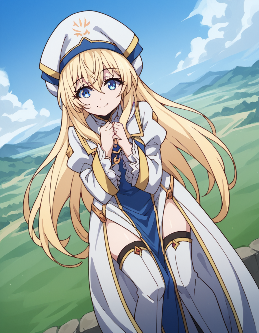 score_9, score_8_up, score_7_up, source_anime,
priestess, <lora:priestess-s2-ponyxl-lora-nochekaiser:1>,
priestess, blonde hair, blue eyes, long hair, hair between eyes,
boots, dress, frilled sleeves, frills, hat, white headwear, pelvic curtain, high heels, robe, thigh boots, thighhighs, white thighhighs, long sleeves, puffy sleeves,
landscape, bent over, smile,
looking at viewer, cowboy shot, dutch angle, solo,