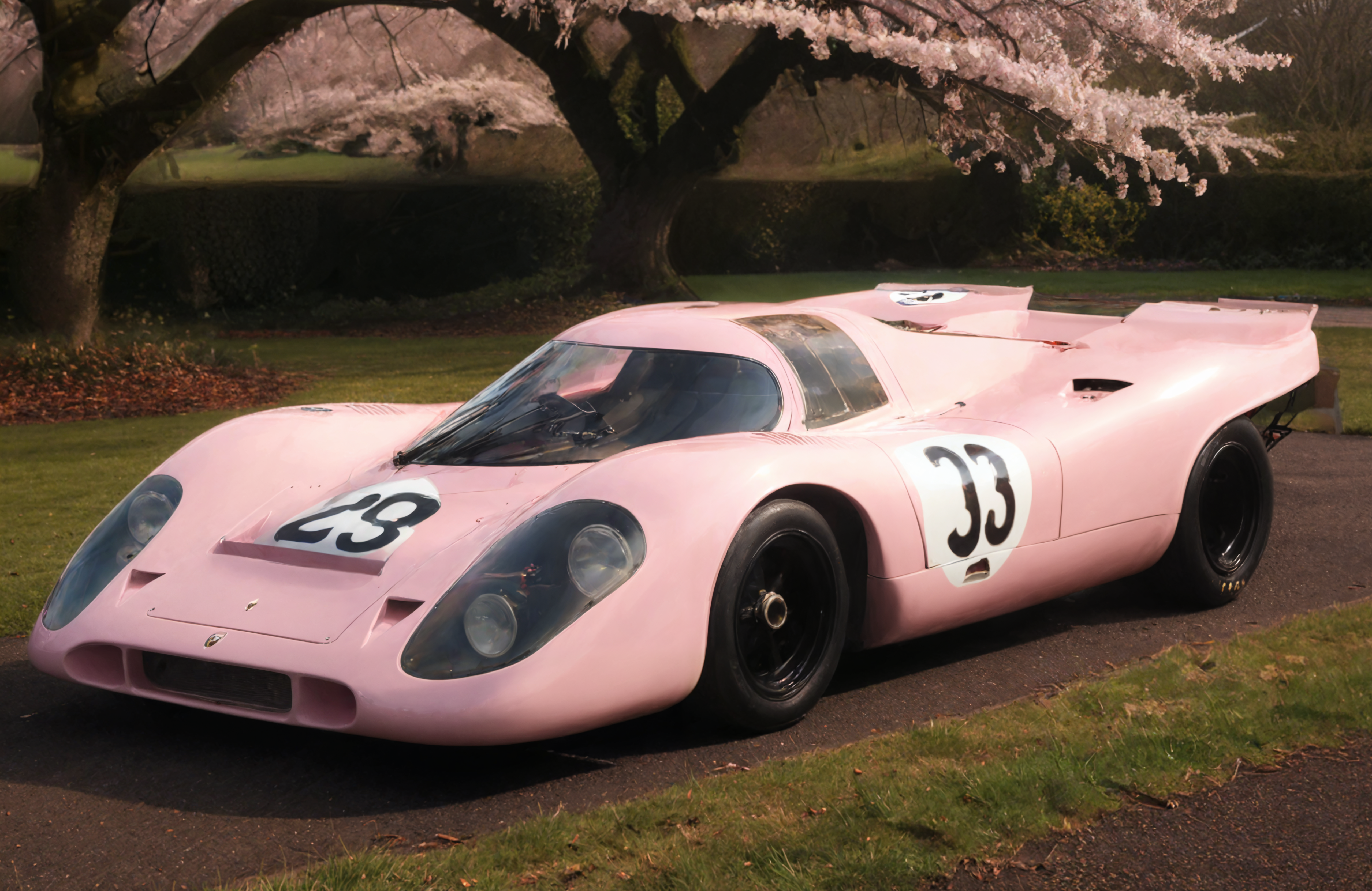 a photograph of a sports car, p0rsche9l7xl,     Golden Hour: A warm and soft light that occurs during sunrise or sunset, casting long shadows and creating a dreamy atmosphere., Cherry Blossom Pink, front 3/4 view ,     A tranquil orchard in bloom, dark, low-key,   low color saturation, concept art, perfect composition, masterpiece, professional photography, zeiss lens, shot on dslr 64 megapixels, sharp focus, intricately detailed, dramatic, tilt shift, f/32,