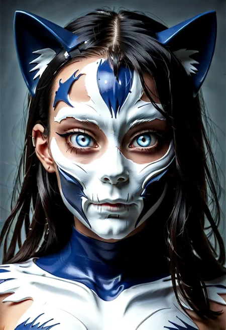 selective color. A close-up image of a breathtaking young woman wearing a half-broken cat cosplay. Nagatoro_Hayase, The cosplay, adorned with swirling blue accents, is crafted in white porcelain with a chipped edge and cat-like ears. It covers one side of her face, revealing her other strikingly beautiful features. The visible eye is deep and expressive. The image begins in a Charcoal sketch style, transitioning into soft, muted colors as the scene becomes more realistic. Dramatic lighting casts shadows across her face and mask, with an abstract white background that emphasizes the contrast between the mask and her features