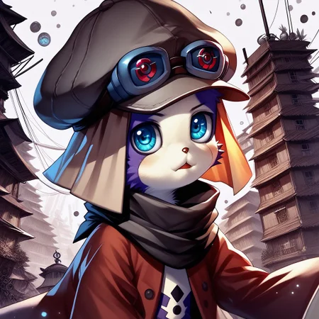 digimon offmon wearing longsleeve, hat, googles, metal tendrils coming from his back, concept art, realistic, dark theme, low light,, verybadimagenegative_v1.3, zPDXL3, poster art