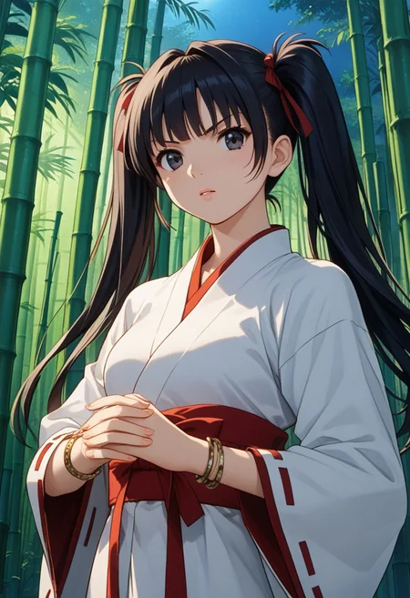 score_9, score_8_up, score_7_up, score_6_up, source_anime, 1990s \(style\), highly detailed character, Ennochiaki XL,black eyes,bangs, twintails, jewelry, bracelet, long hair, black hair, ribbon-trimmed sleeves, japanese clothes, very detailed hands, beautiful face, glossy lips, sensual, masterpiece, best quality, detailed background, intricate detailed backround, highly detailed hair, fine skin, night, outdoors, thick bamboo forest, dynamic lighting, dutch-angle, handing a hand-full of ofuda, looking at viewer, angry expression, dynamic attack pose, (((ambient light through bamboo thicket)))