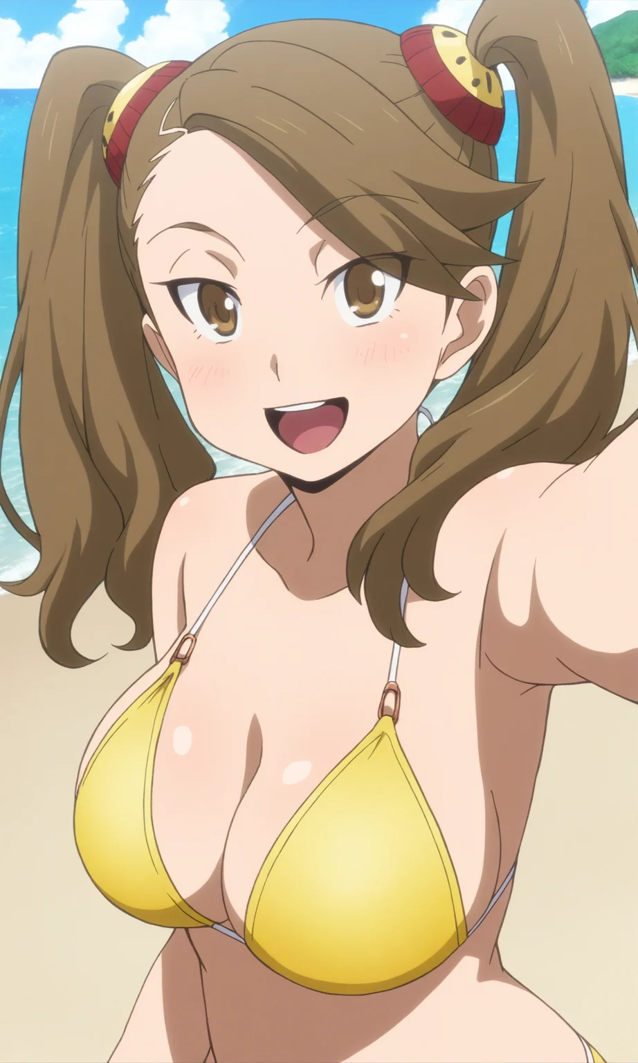 masterpiece, best quality, high resolution, absurdres, 1girl, kaorusaza, brown_eyes, brown_hair, twintails, long_hair, large_breasts, hair_ornament, bikini, outdoors, beach, water, day, selfie, outstretched_arm, happy, looking_at_viewer,