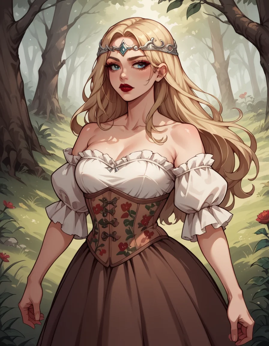 score_9, score_8_up, score_7_up, score_6_up, score_5_up, score_4_up, source_anime, 1girl, long blonde hair, makeup, red lipstick, hud_forest_fairy_dress, white and brown dress, puffy sleeves, floral corset, silver circlet, bare shoulders, <lora:forestfairyxlp_epoch_8:0.6>,