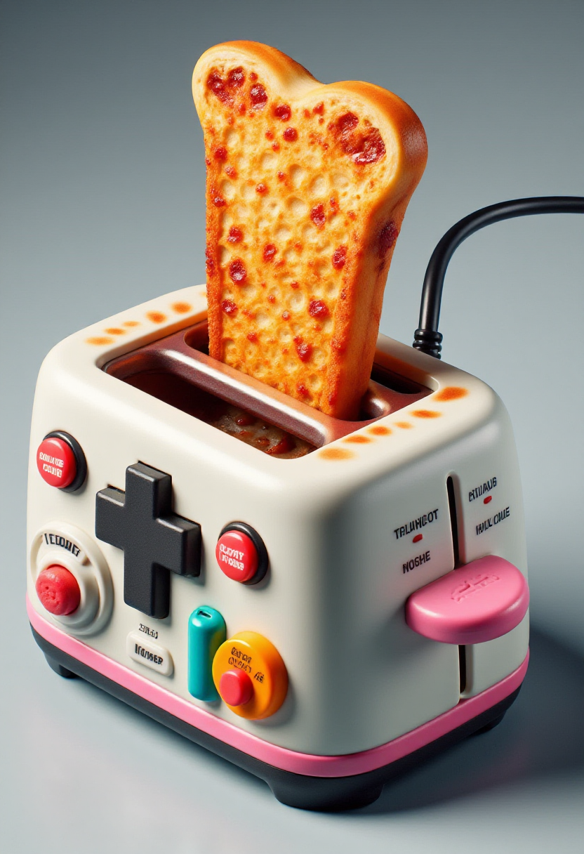 <lora:Player_2_Game_Console_Controller_FLUX-000019:0.9>
This is a high-resolution photograph of a colorful, custom-designed video game controller. The controller is styled to resemble a toaster.
